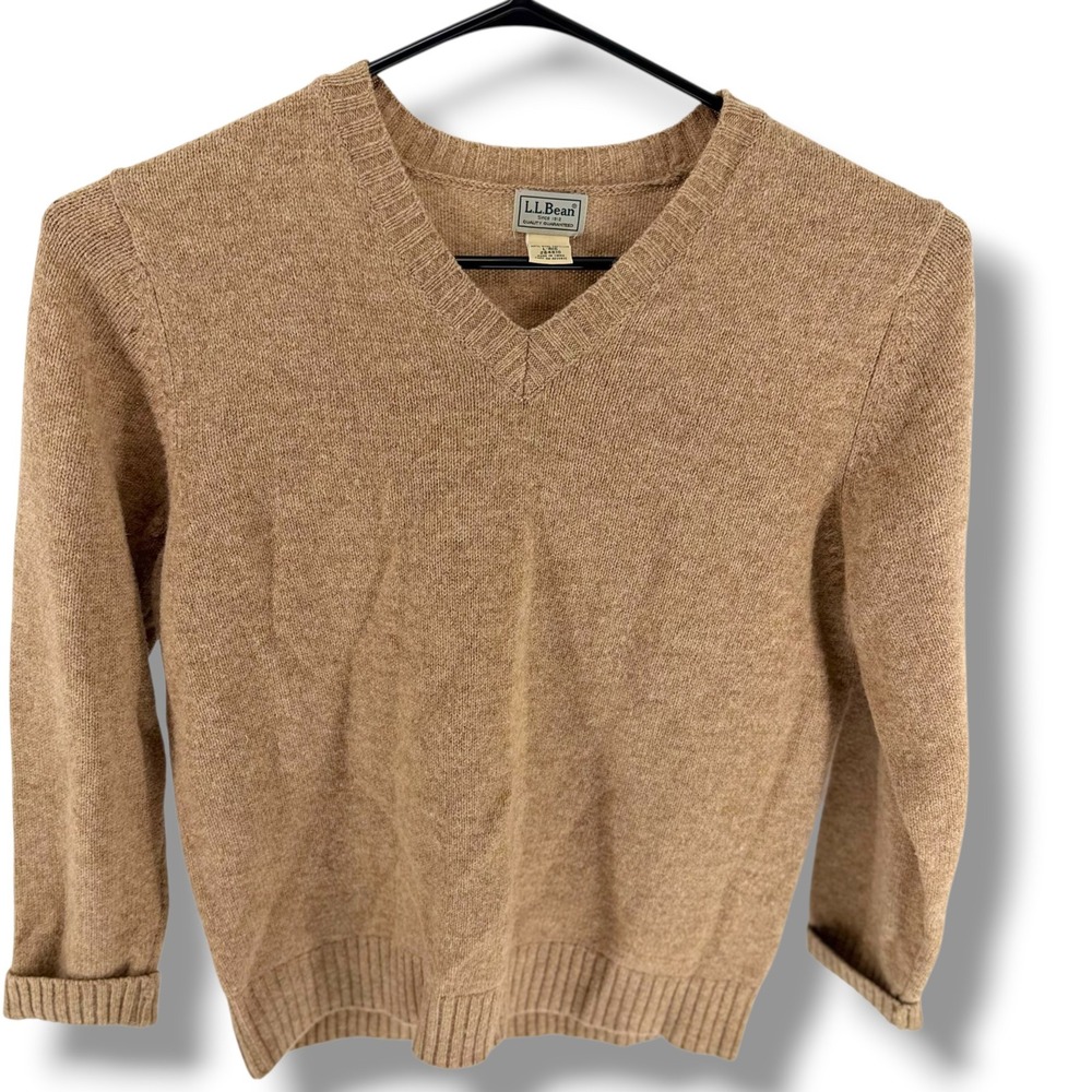 LL Bean Mens Shetland Wool V-Neck Sweater Tan Heather Brown L-REG Classic
